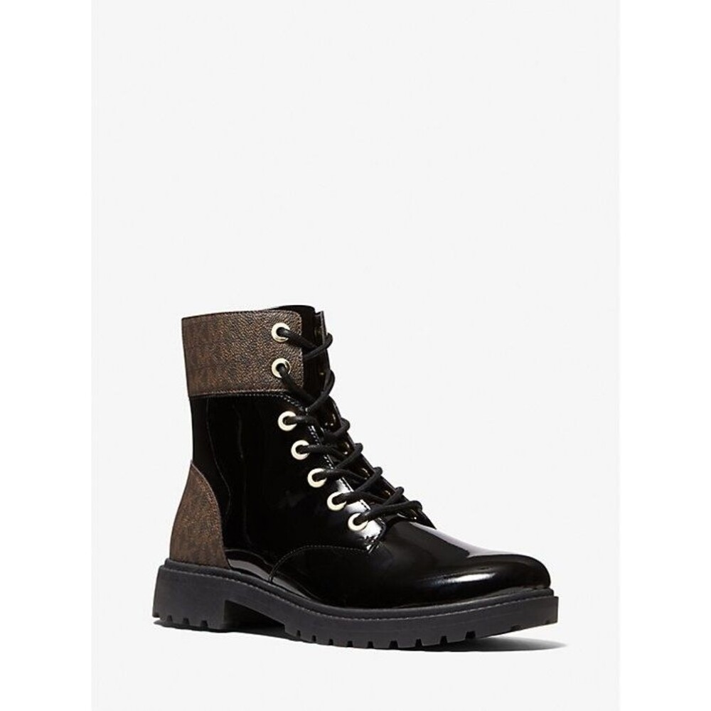 MICHAEL KORS Alistair Signature Monogram Combat Lug Sole Black Leather Boot 10M